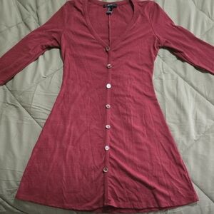 Forever 21 Burgundy Buttoned V-Neck Dress